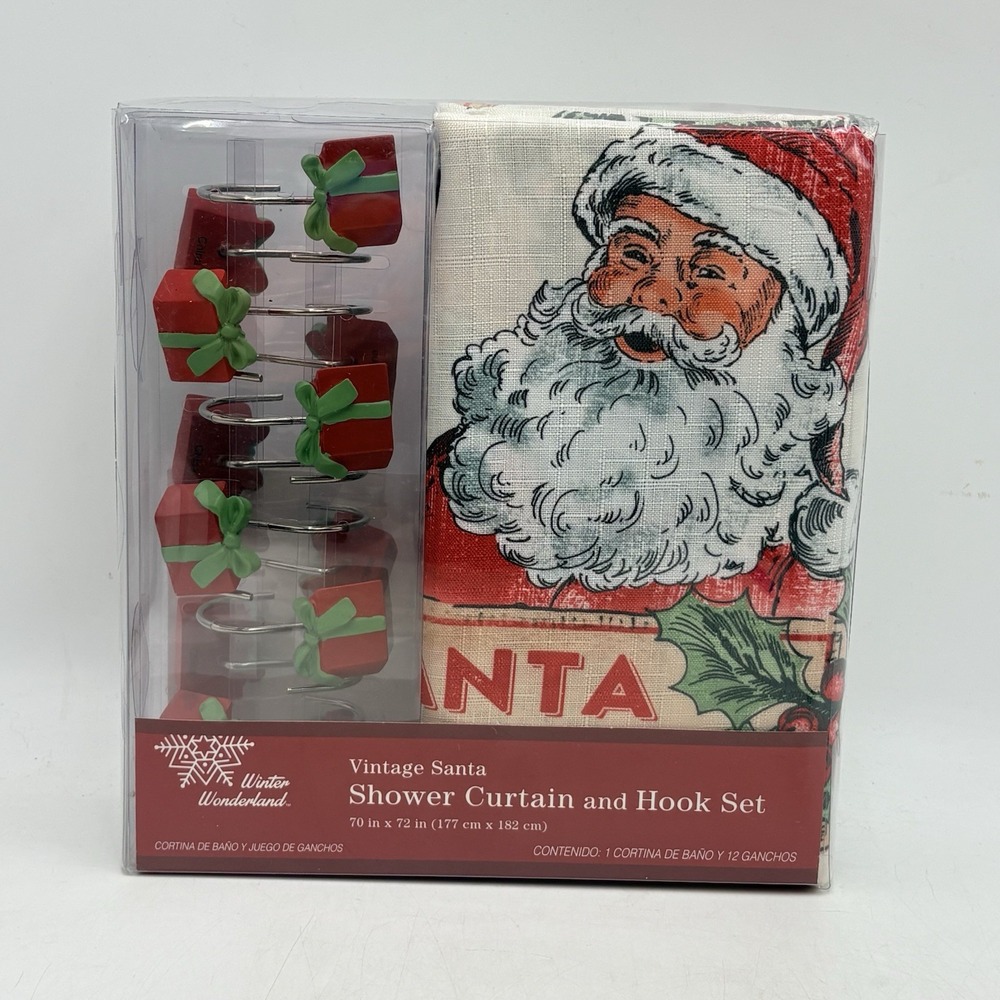 Vintage Santa Shower Curtain Hook Set 70x72 Christmas Bath Decor Gift Hooks NIP